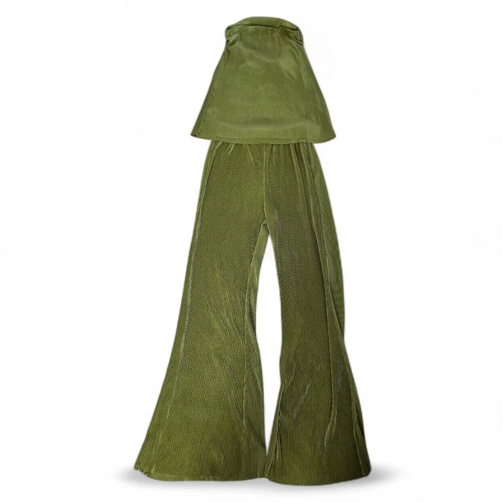 Green Pleated Matching Tube Top And Wide Leg Pants 2PC Set